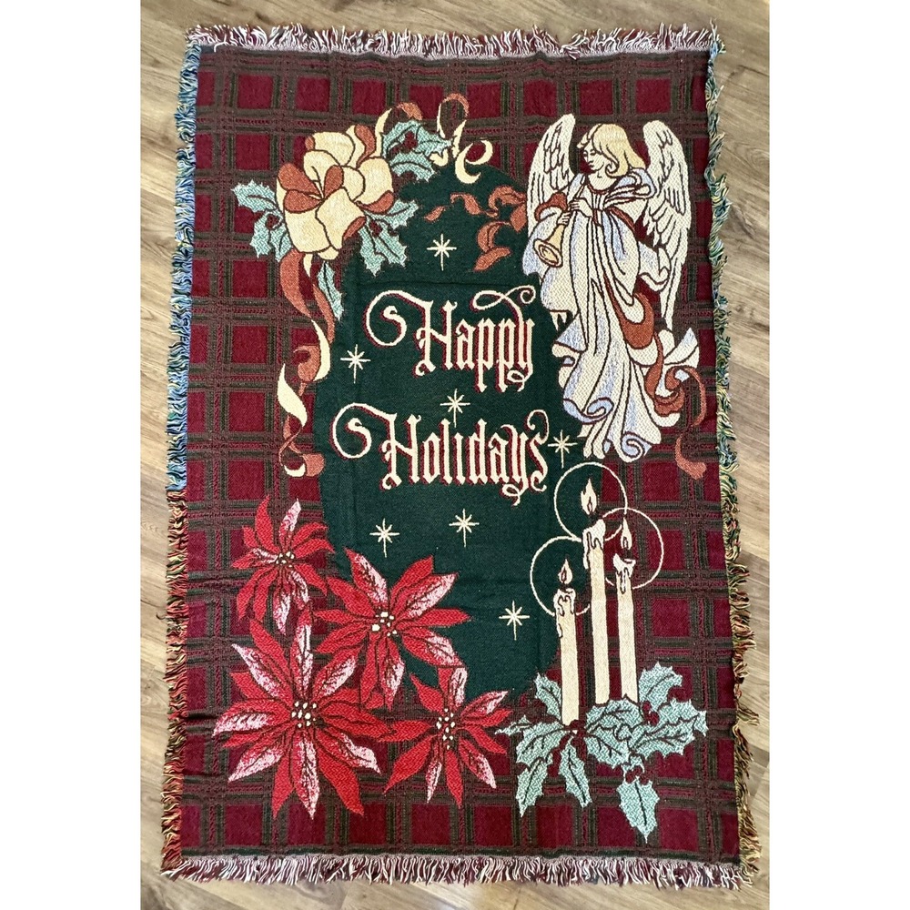 Vintage Christmas Tapestry Throw Blanket Fringe Happy Holidays Angel Gift 46x67